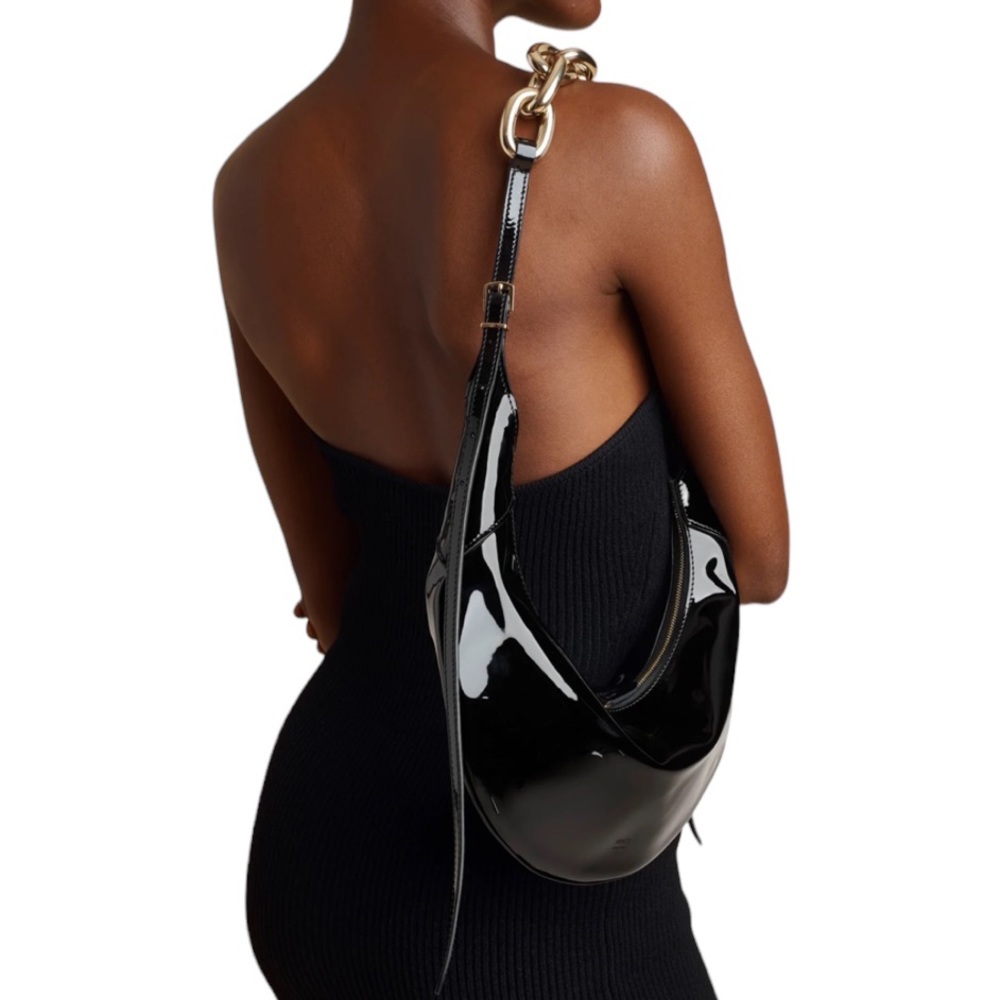 KHAITE Alissia Black Patent Leather Hobo Bag with Gold Chain Hardware